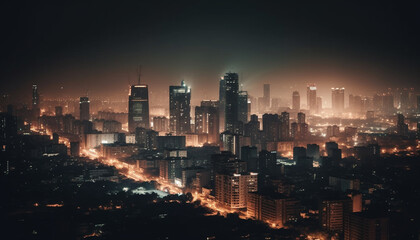 Fototapeta premium Glowing cityscape at dusk skyscrapers, urban skyline, illuminated architecture generated by AI