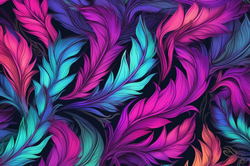 A hot pink, purple and teal repeating pattern of feathers, watercolor elements, black background. AI generative