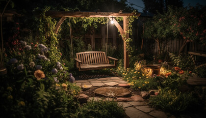 Tranquil scene of a formal garden with yellow flower pot decoration generated by AI