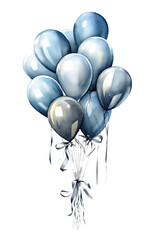 bunch of silver and blue ballons in watercolor design on transparent background