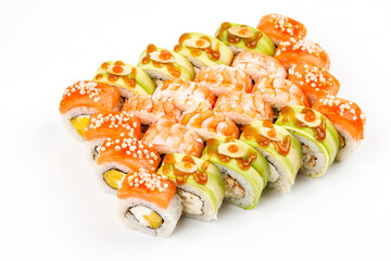 set of rolls with salmon shrimp avocado on white background for online food delivery website 10