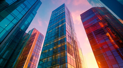 Low angle image of typical contemporary office towers, tall structures with glass facades. financial and economic foundation concepts. Generative AI
