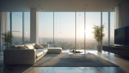 Fototapeta premium Modern luxury apartment with bright, comfortable design and cityscape sunset generated by AI