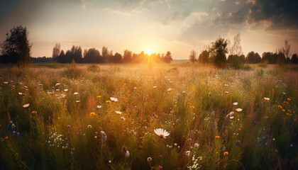 Vibrant wildflower meadow at sunset, a tranquil rural scene generated by AI