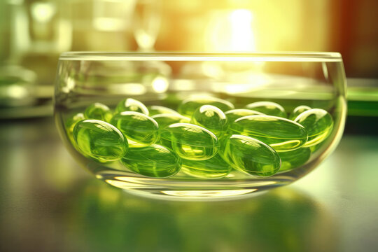 photo of omega 3 fats in transparent green elliptical Generated AI