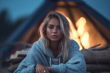 Fototapeta na wymiar Fictional French girl near campfire