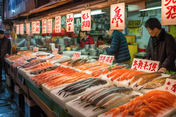 The exotic fish market in Tokyo, Japan, with its bustling auction halls and displays of fresh seafood