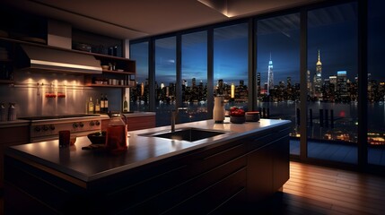 Luxury penthouse kitchen at nighttime. generative AI illustration.