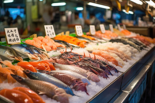 The exotic fish market in Tokyo, Japan, with its bustling auction halls and displays of fresh seafood