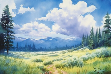 A watercolor landscape painting, blue sky, clouds, light and airy, wilderness. AI generative