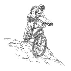 Fototapeta na wymiar Man riding a mountain bike, black and white hand drawn sketch