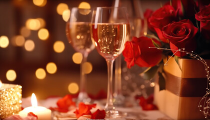 Valentine's day background, celebration with roses and champagne, happy valentine's day, love. Generative IA.