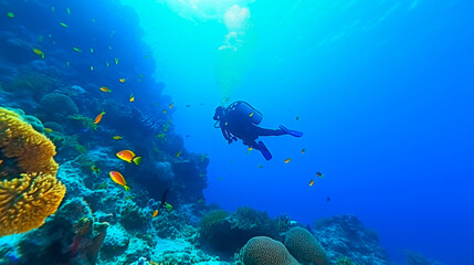 Naklejka na ściany i meble Scuba diving in tropical ocean coral reef sea under water, scuba diver, diver, swim, caribbean, fiji, maldives, snorkel, marine life, aquatic, aqua blue, dive, trave. Generative AI