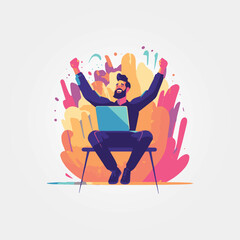 vector illustration, man celebrating with notebook on lap