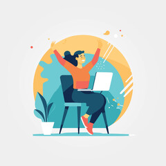 woman celebrating with notebook on her lap