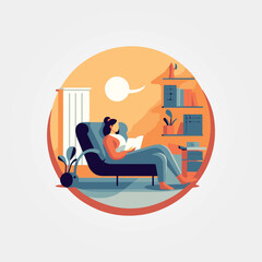 woman lying on sofa reading a book, vector illustration