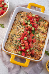 potato casserole with cream, gratin dauphinois with tomato salsa