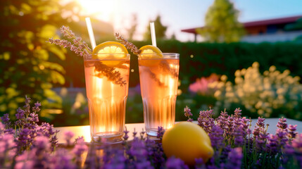 Two glasses of lemonade and lavender flowers in the garden, golden hour, sunset. Generative AI - obrazy, fototapety, plakaty