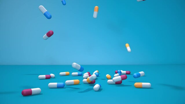Colorful vitamins, tablets and pills falling on a bright ground. 3D medicine pills background.