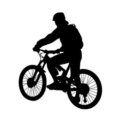 Man riding a mountain bike, black and white vector silhouette
