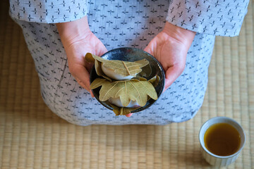 Hands holding japanese Kashiwa mochi and green tea on tatami. Japanese mochi with red bean paste...