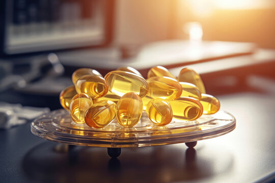 photo of omega 3 fats in transparent yellow elliptical Generated AI