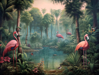 wallpaper jungle and leaves tropical forest mural flamingo and birds old drawing vintage background - Generative AI - obrazy, fototapety, plakaty