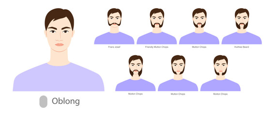 Set of Beard style for Oblong face shape and mustache men illustration Facial hair. Vector black purple portrait male Fashion template flat barber collection. Stylish hairstyle isolated outline