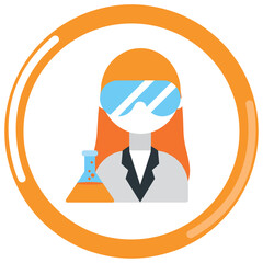vector icon of a scientist holding a chemical substance in a laboratory with orange border and white background