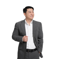 Businessman in suit posing on white background