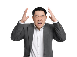 Angry businessman in suit screaming on white background