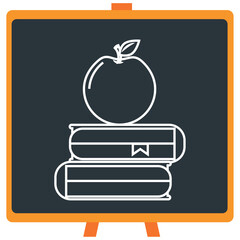 Vector icon of an apple on chemistry laboratory books in white lines with dark border