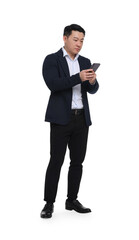 Obraz premium Businessman in suit with smartphone on white background