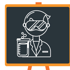 vector icon of a scientist holding a chemical substance in a laboratory in white lines with dark border
