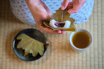 Hands holding japanese Kashiwa mochi filled with anko, and green tea on tatami. Japanese mochi with...