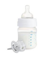 Bottle with milk and baby pacifier on white background