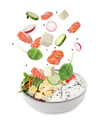 Poke recipe. Different ingredients falling into bowl on white background