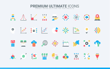 Machine learning, probability calculation, algorithms and system prediction. Data report and science model research, deep analysis with AI trendy flat icons set vector illustration - obrazy, fototapety, plakaty