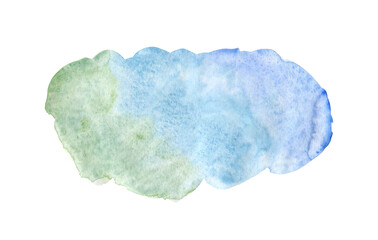 Light blue, green and violet watercolor textured stain isolated on white background. Modern creative gradient watercolour shape for decoration, texture, abstract water or cloud concept