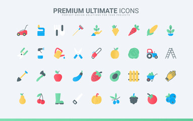 Gardening works and equipment to care grass on lawn, grow farm vegetables and fruit. Garden tools and cultivation of agriculture harvest trendy flat icons set vector illustration