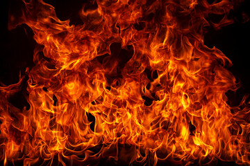Texture of fire on a black background. Abstract fire flame background, large burning fire.