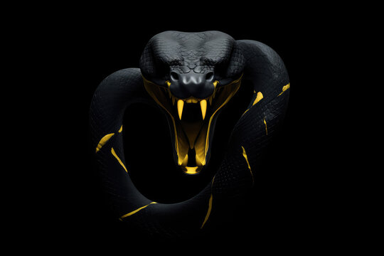 Close-up of wild black yellow snake isolated on flat black background with copy space. Creative luxury wallpaper with exotic poisonous animal. Generative AI professional photo imitation.