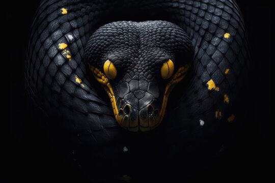 Closeup of a wild black yellow snake isolated on a flat black background with copy space. Creative wallpaper with an exotic poisonous animal. Generative AI professional photo imitation.