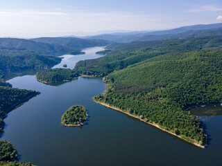 Aerial spring view of Topolnitsa Reservoir, Bulgaria