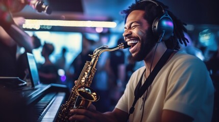 Naklejka na ściany i meble A man with headphones playing a saxophone. Generative AI image.