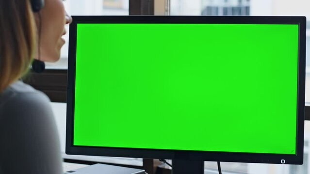 Office worker green screen computer closeup. Busy service manager talking client