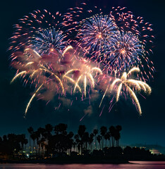 Blue, yellow and white fireworks streak above the palm trees.  The fireworks reflect off the waters.