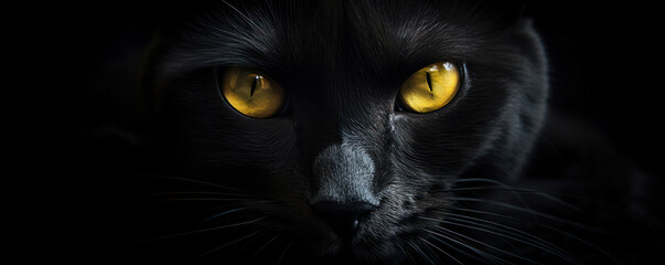A striking close-up of a black cat with yellow eyes, appearing almost otherworldly against a dark background. Is AI Generative.