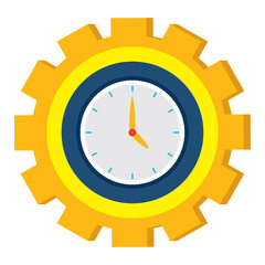 Vector image of a clock icon with a yellow background inside a gear