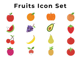 fruits Flat Icons Set, include, watermelon, pomegranate, strawberry, pineapple, pumpkin, radish, grapes, raspberry, Vector Eps File